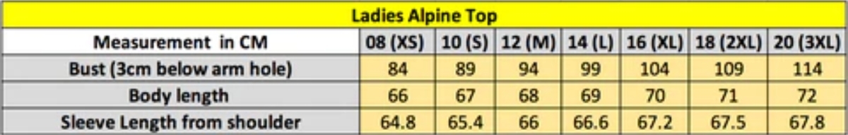 Ridgeline Ladies Alpine Size Guide