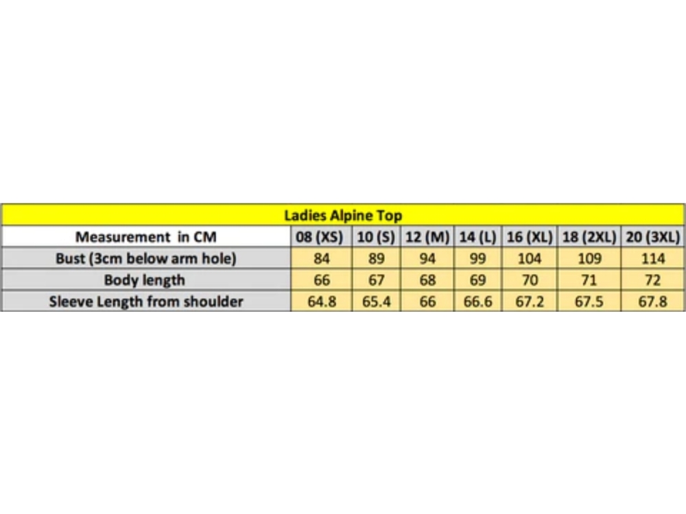 Ridgeline Ladies Alpine Size Guide