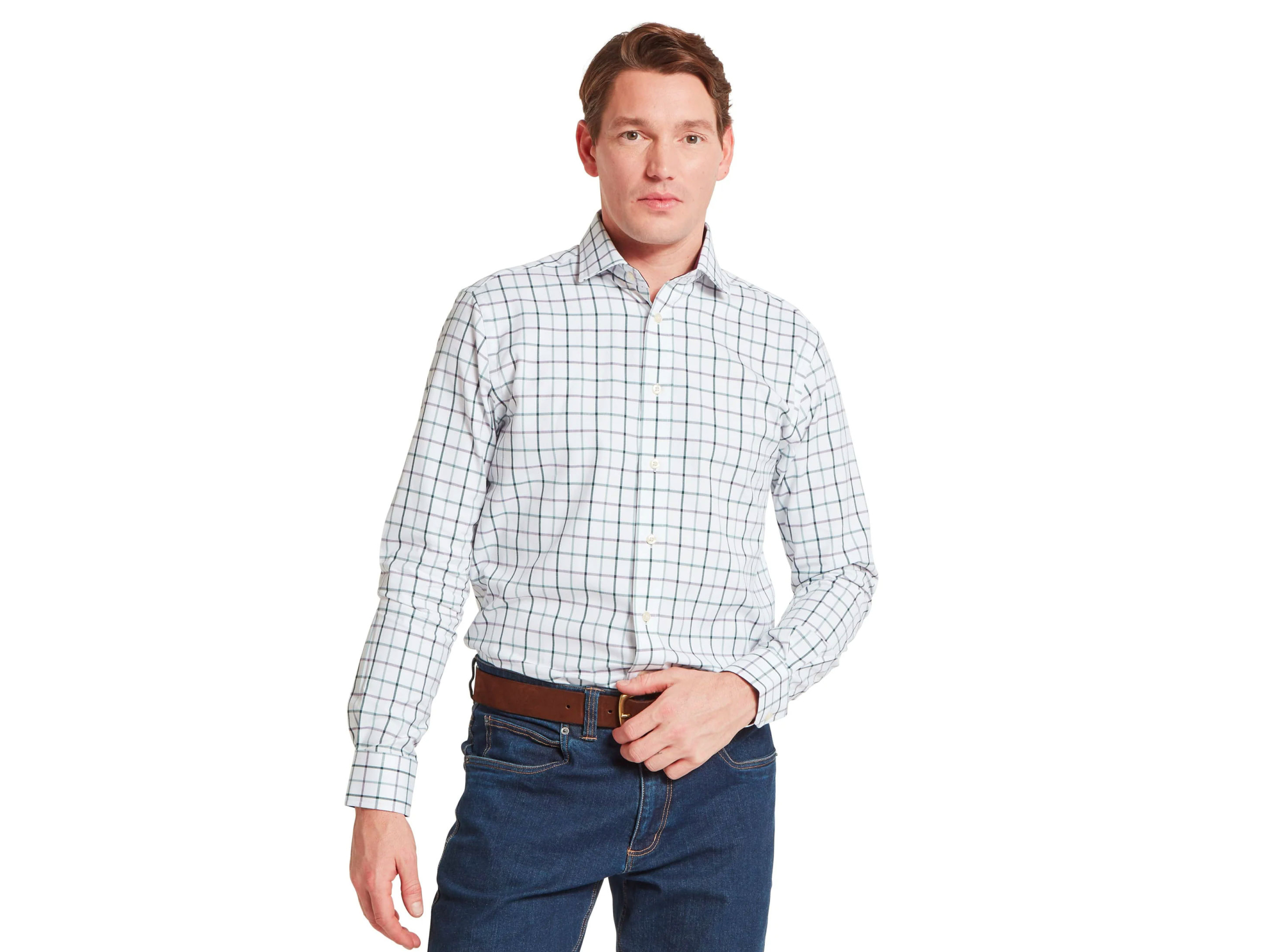 baconsthorpe tailored deep purple check shirt schoffel